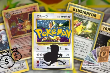 Carte Pokémon rare con focus su Charizard, Pikachu e Trainer. Simbolo di denaro e carte Truffa Soldi del Monopoly in overlay.