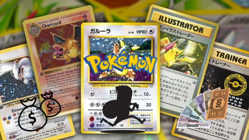 Carte Pokémon rare con focus su Charizard, Pikachu e Trainer. Simbolo di denaro e carte Truffa Soldi del Monopoly in overlay.