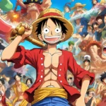 Luffy al centro dell'immagine sorride con in mano il suo cappello di paglia, circondato dai Pirati di Cappello di Paglia e altri personaggi di One Piece in un'ambientazione colorata e avventurosa.