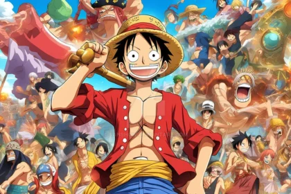 Luffy al centro dell'immagine sorride con in mano il suo cappello di paglia, circondato dai Pirati di Cappello di Paglia e altri personaggi di One Piece in un'ambientazione colorata e avventurosa.