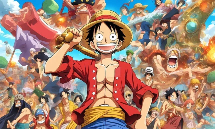 Luffy al centro dell'immagine sorride con in mano il suo cappello di paglia, circondato dai Pirati di Cappello di Paglia e altri personaggi di One Piece in un'ambientazione colorata e avventurosa.