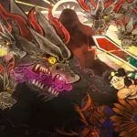 Un'illustrazione artistica in stile giapponese che raffigura un guerriero samurai impegnato in un combattimento epico contro un drago dalle teste multiple. I colori vivaci e lo stile tradizionale rendono la scena dinamica e imponente.