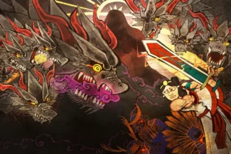 Un'illustrazione artistica in stile giapponese che raffigura un guerriero samurai impegnato in un combattimento epico contro un drago dalle teste multiple. I colori vivaci e lo stile tradizionale rendono la scena dinamica e imponente.
