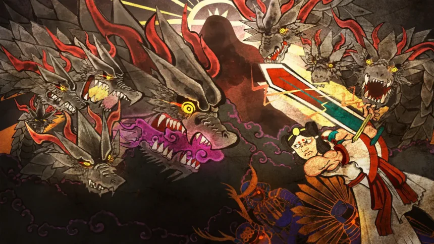 Un'illustrazione artistica in stile giapponese che raffigura un guerriero samurai impegnato in un combattimento epico contro un drago dalle teste multiple. I colori vivaci e lo stile tradizionale rendono la scena dinamica e imponente.