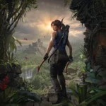 Lara Croft si trova all'entrata di un'antica rovina nella giungla, guardando un antico tempio illuminato dal tramonto, con la natura rigogliosa intorno a lei.