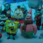 Personaggi di SpongeBob in versione stop-motion, pronti a festeggiare il Natale in un'atmosfera festosa e colorata.