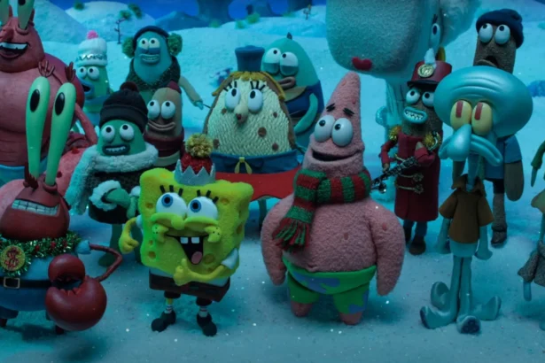Personaggi di SpongeBob in versione stop-motion, pronti a festeggiare il Natale in un'atmosfera festosa e colorata.