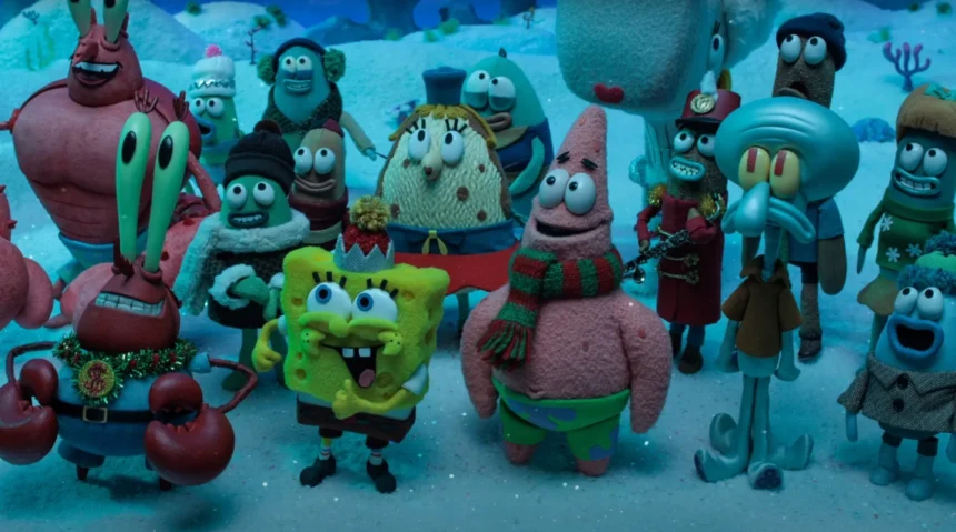 Personaggi di SpongeBob in versione stop-motion, pronti a festeggiare il Natale in un'atmosfera festosa e colorata.