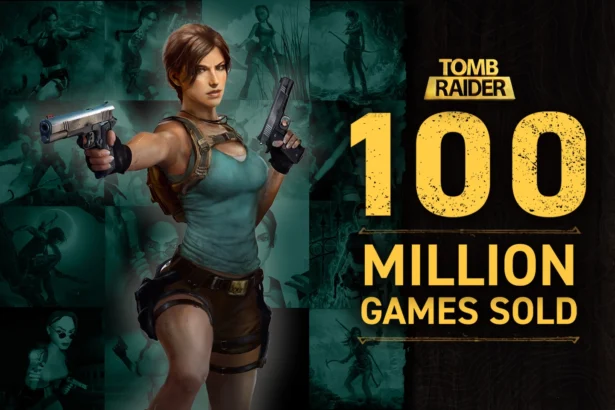 Lara Croft, protagonista di Tomb Raider, con le pistole in mano accanto al testo '100 Million Games Sold', celebrando il successo del franchise