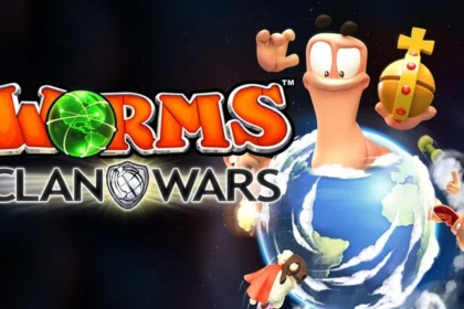 Logo di Worms Clan Wars con vermi animati che interagiscono con un globo terrestre, con esplosioni e un'arma visibile.