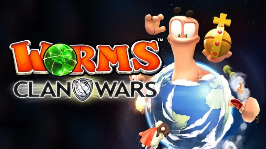 Logo di Worms Clan Wars con vermi animati che interagiscono con un globo terrestre, con esplosioni e un'arma visibile.