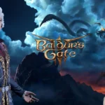 Due personaggi di Baldur's Gate III Astarion, uno in abiti eleganti e l'altro una Sex Doll a torso nudo, con il logo del gioco su uno sfondo epico di montagne e draghi.