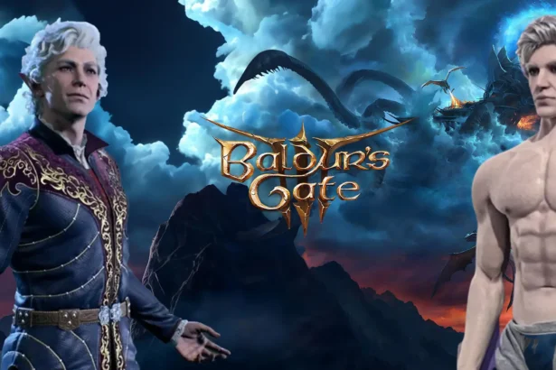 Due personaggi di Baldur's Gate III Astarion, uno in abiti eleganti e l'altro una Sex Doll a torso nudo, con il logo del gioco su uno sfondo epico di montagne e draghi.