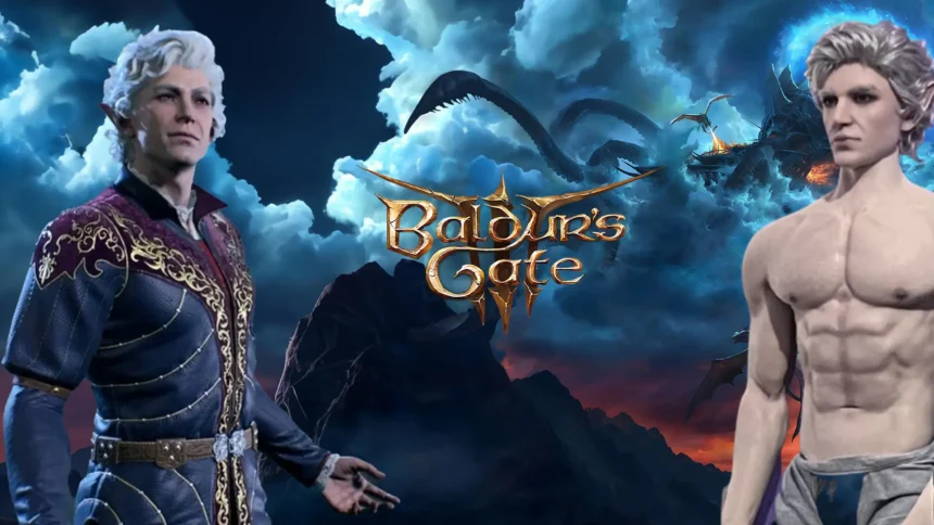 Due personaggi di Baldur's Gate III Astarion, uno in abiti eleganti e l'altro una Sex Doll a torso nudo, con il logo del gioco su uno sfondo epico di montagne e draghi.
