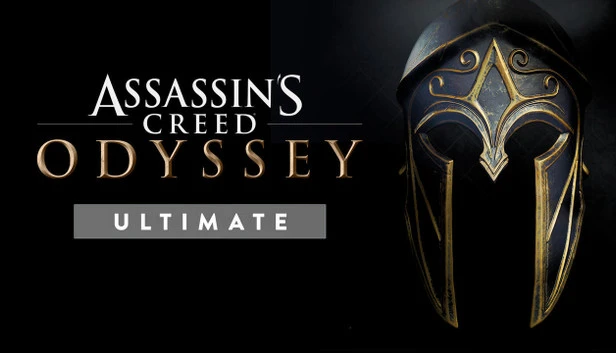 Copertina di 'Assassin's Creed Odyssey: Ultimate Edition' con l'elmo dorato spartano in primo piano su sfondo scuro.
