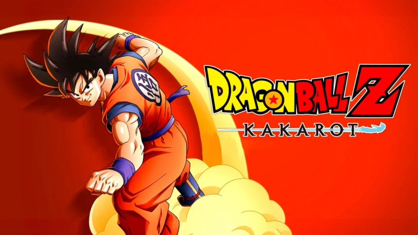 Copertina del videogioco Dragon Ball Z: Kakarot con Goku in azione, che vola sulla Nuvola Speedy su sfondo rosso.