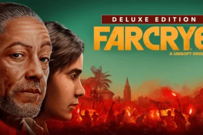 Copertina della Deluxe Edition di Far Cry 6, con i personaggi principali del gioco, un uomo anziano e un ragazzo sullo sfondo di una rivolta violenta con fiamme.