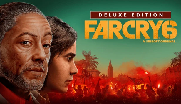 Copertina della Deluxe Edition di Far Cry 6, con i personaggi principali del gioco, un uomo anziano e un ragazzo sullo sfondo di una rivolta violenta con fiamme.