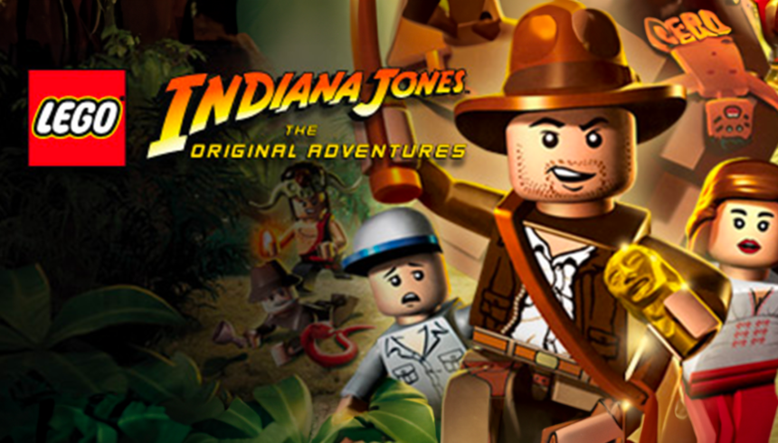 Copertina del gioco LEGO Indiana Jones: The Original Adventures con i personaggi principali in stile LEGO impegnati in una serie di avventure, Indiana Jones al centro con il suo iconico frustino e una statua dorata in mano