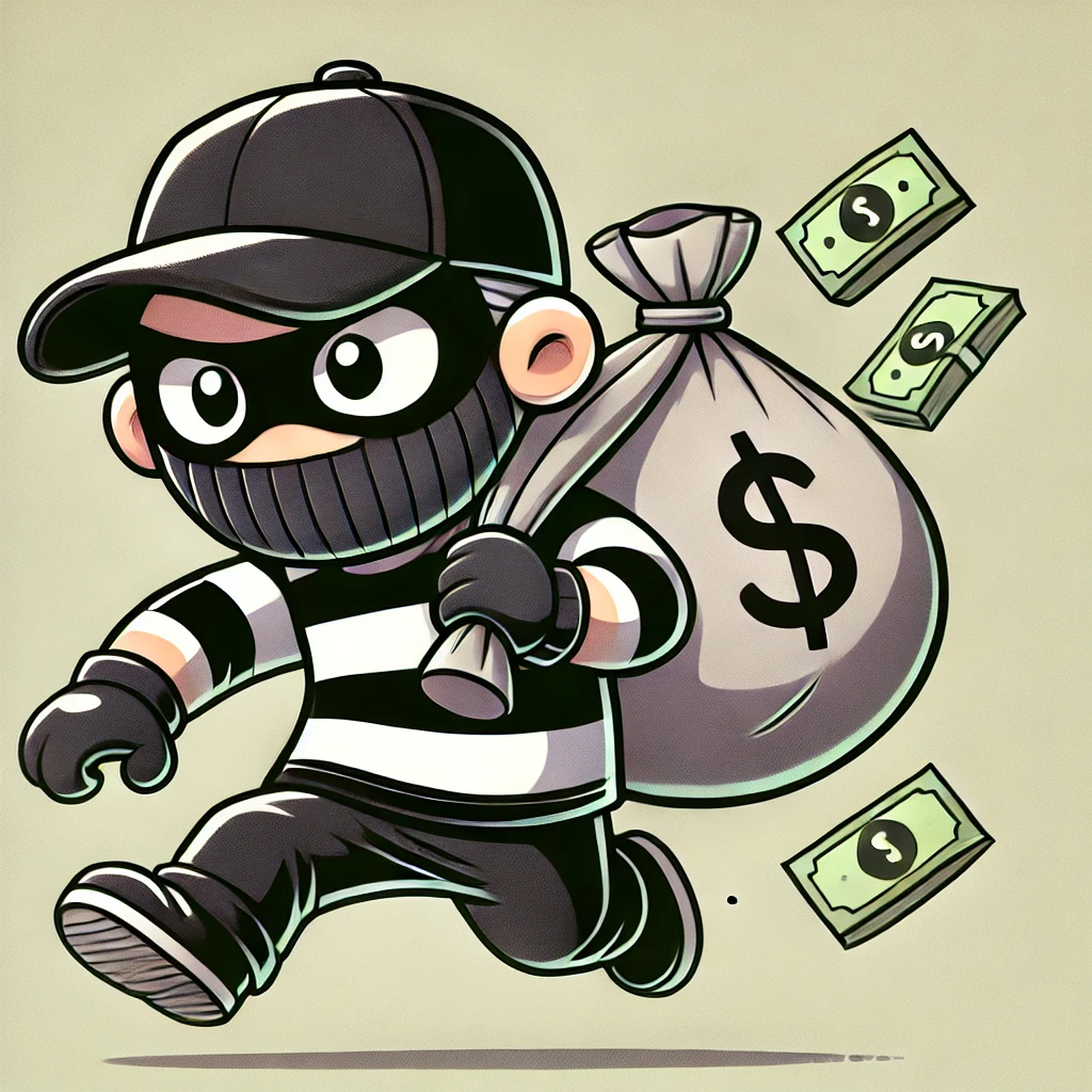 Immagine di un ladro stilizzato in versione cartone animato, che corre tenendo in mano un sacco con simboli del dollaro e banconote che volano intorno a lui. Guida anti truffa pokemon