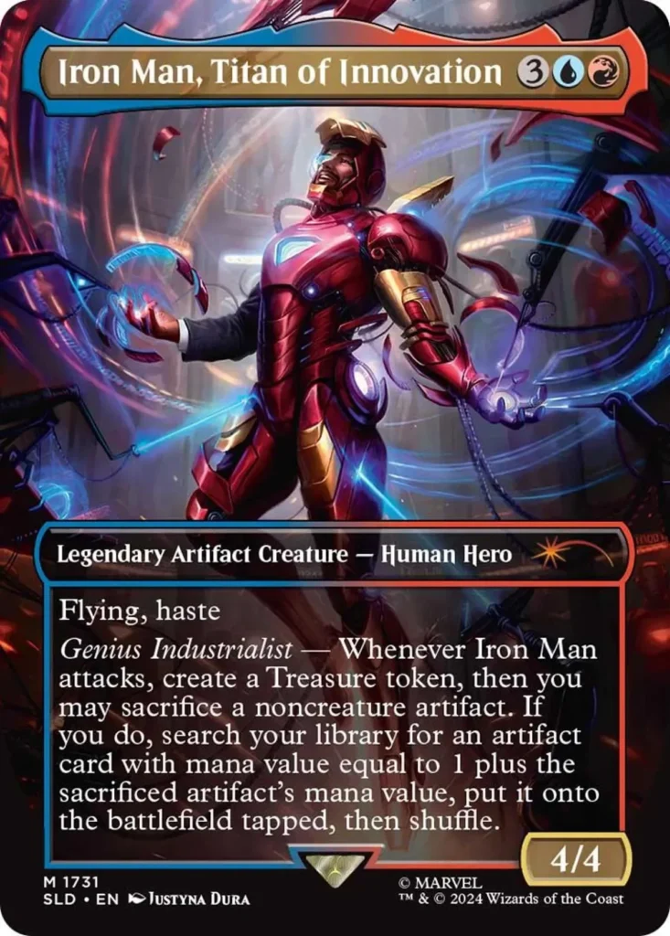 Carta di Magic: The Gathering crossover Marvel, con protagonista Iron Man, Titan of Innovation, un personaggio leggendario e iconico del franchise Marvel, raffigurato con l'armatura rossa mentre crea un oggetto futuristico circondato da tecnologia avanzata.