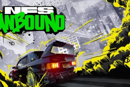 Immagine promozionale di Need for Speed Unbound, con un'auto che sfreccia tra effetti grafici vivaci in stile street-art.