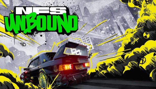 Immagine promozionale di Need for Speed Unbound, con un'auto che sfreccia tra effetti grafici vivaci in stile street-art.