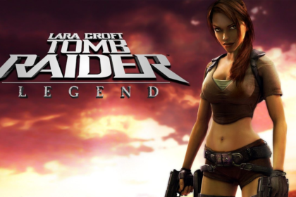 Lara Croft in Tomb Raider: Legend, protagonista armata su sfondo tramonto, gioco d'avventura ed esplorazione iconico del 2006.
