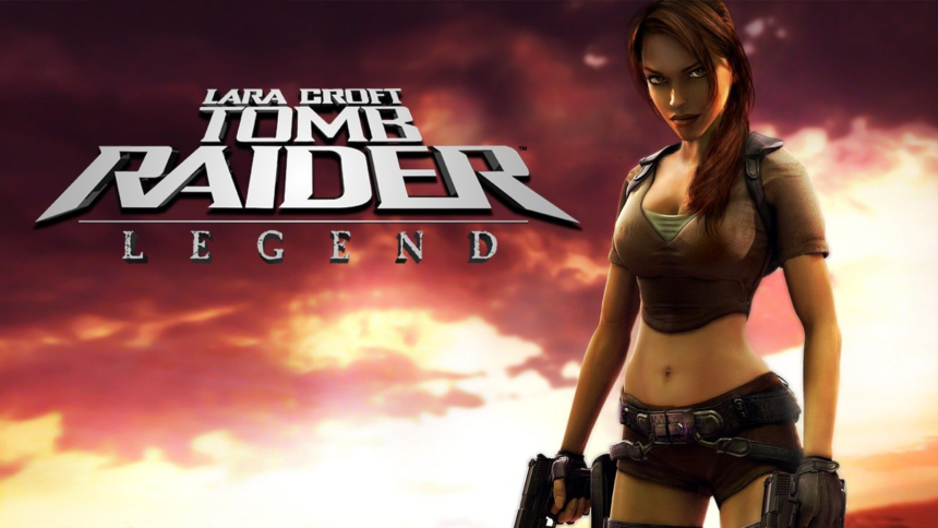 Lara Croft in Tomb Raider: Legend, protagonista armata su sfondo tramonto, gioco d'avventura ed esplorazione iconico del 2006.