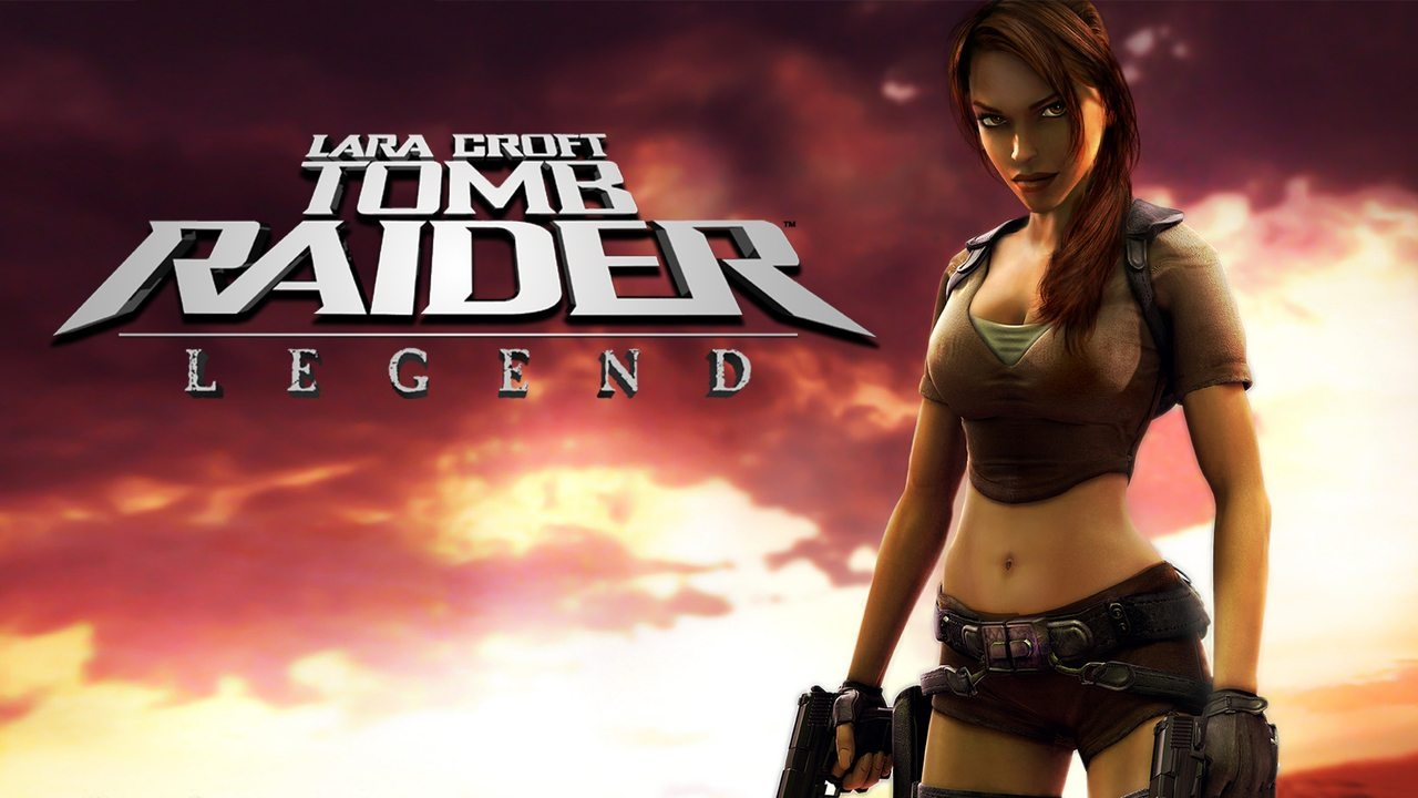 Lara Croft in Tomb Raider: Legend, protagonista armata su sfondo tramonto, gioco d'avventura ed esplorazione iconico del 2006.