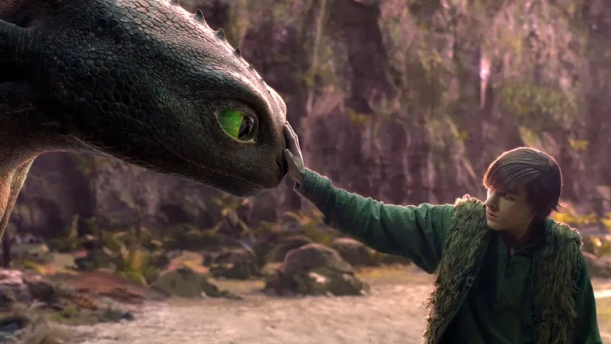 Scena del live-action di Dragon Trainer con Hiccup e Sdentato.