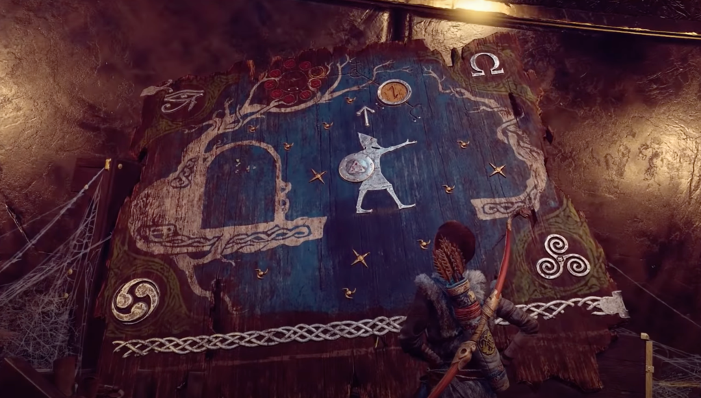 Mappa simbolica in God of War con riferimenti all'Egitto e ai miti norreni.