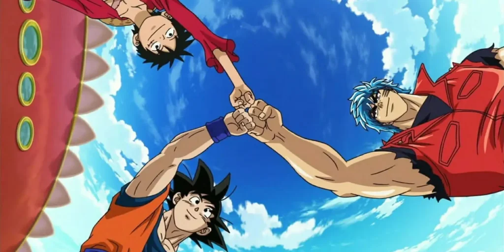 Goku, Rufy e Toriko fanno il pugno in aria in segno di amicizia, cielo azzurro sullo sfondo.