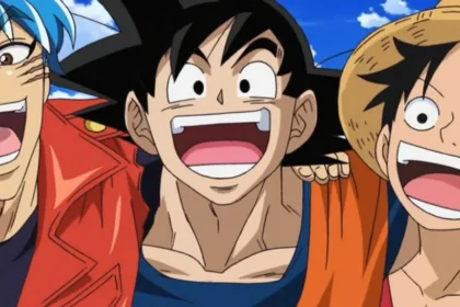 Goku, Rufy e Toriko sorridenti in un crossover anime.