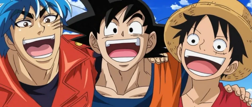 Goku, Rufy e Toriko sorridenti in un crossover anime.