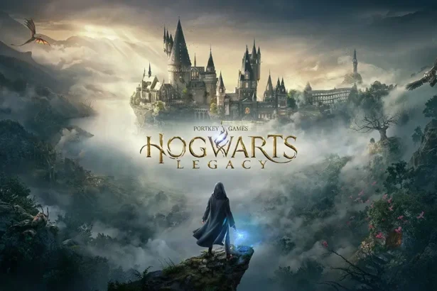 Personaggio di Hogwarts Legacy osserva il castello di Hogwarts in una valle nebbiosa.