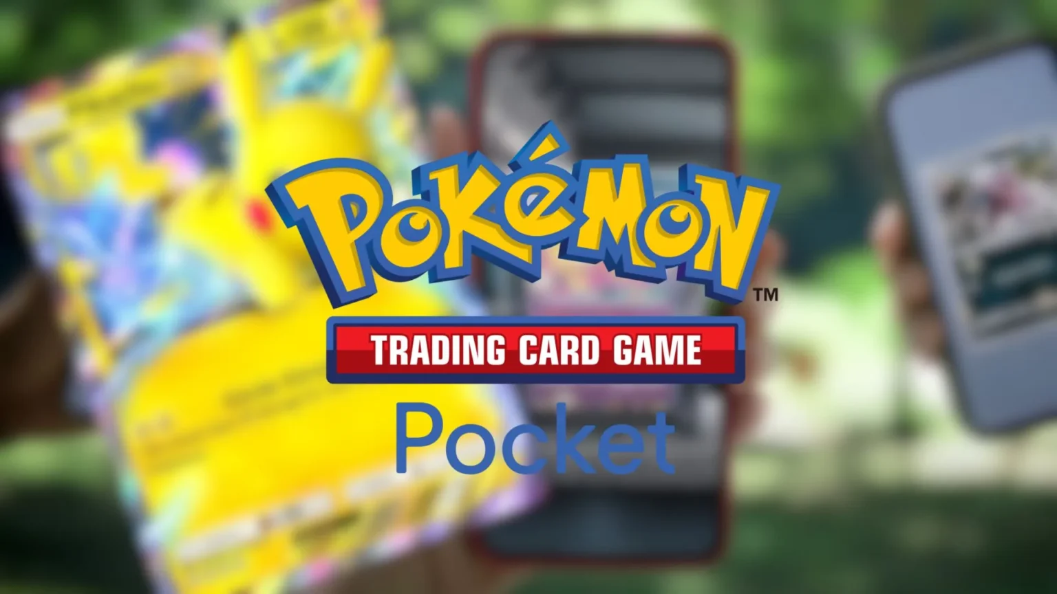 Logo Pokémon Trading Card Game Pocket su sfondo sfocato.
