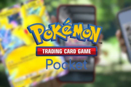 Logo Pokémon Trading Card Game Pocket su sfondo sfocato.