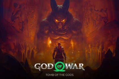 Kratos affronta una creatura egiziana in un'ambientazione mitologica in God of War: Tomb of the Gods.