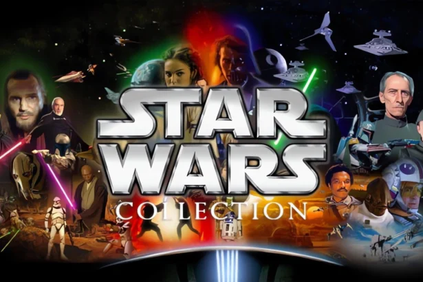 Collage di personaggi e scene iconiche dalla saga di Star Wars con il logo della Star Wars Collection.