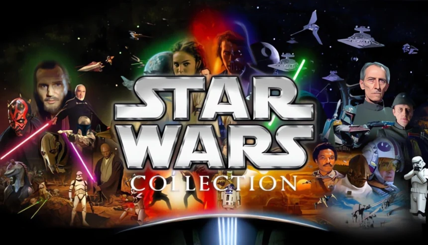 Collage di personaggi e scene iconiche dalla saga di Star Wars con il logo della Star Wars Collection.