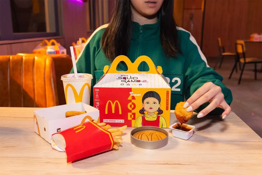 Collaborazione tra McDonald's e Squid Game, con un Happy Meal a tema della serie e dettagli dei giochi iconici.