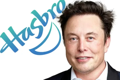 Elon Musk accanto al logo Hasbro, suggerendo un possibile interesse nell'acquisizione della famosa azienda di giocattoli e Dungeons & Dragons.