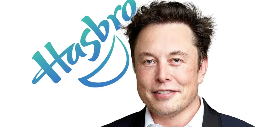 Elon Musk accanto al logo Hasbro, suggerendo un possibile interesse nell'acquisizione della famosa azienda di giocattoli e Dungeons & Dragons.