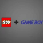 Logo LEGO collaborazione logo Game Boy, con dettagli di una struttura LEGO e un pulsante viola.