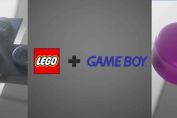 Logo LEGO collaborazione logo Game Boy, con dettagli di una struttura LEGO e un pulsante viola.