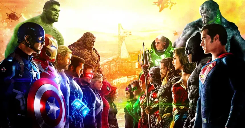 I supereroi Marvel e DC si affrontano in uno scontro epico, con Avengers e X-Men da un lato e Justice League dall'altro.