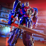 Action figure di Optimus Prime in primo piano con spada, circondato da altri Transformers in una stanza illuminata. Video Stop-Motion