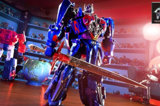 Action figure di Optimus Prime in primo piano con spada, circondato da altri Transformers in una stanza illuminata. Video Stop-Motion