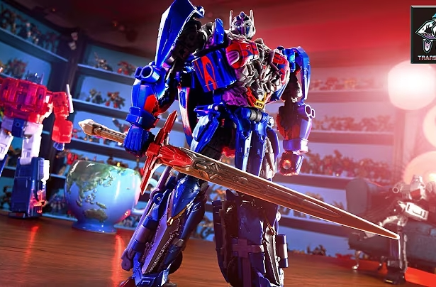 Action figure di Optimus Prime in primo piano con spada, circondato da altri Transformers in una stanza illuminata. Video Stop-Motion